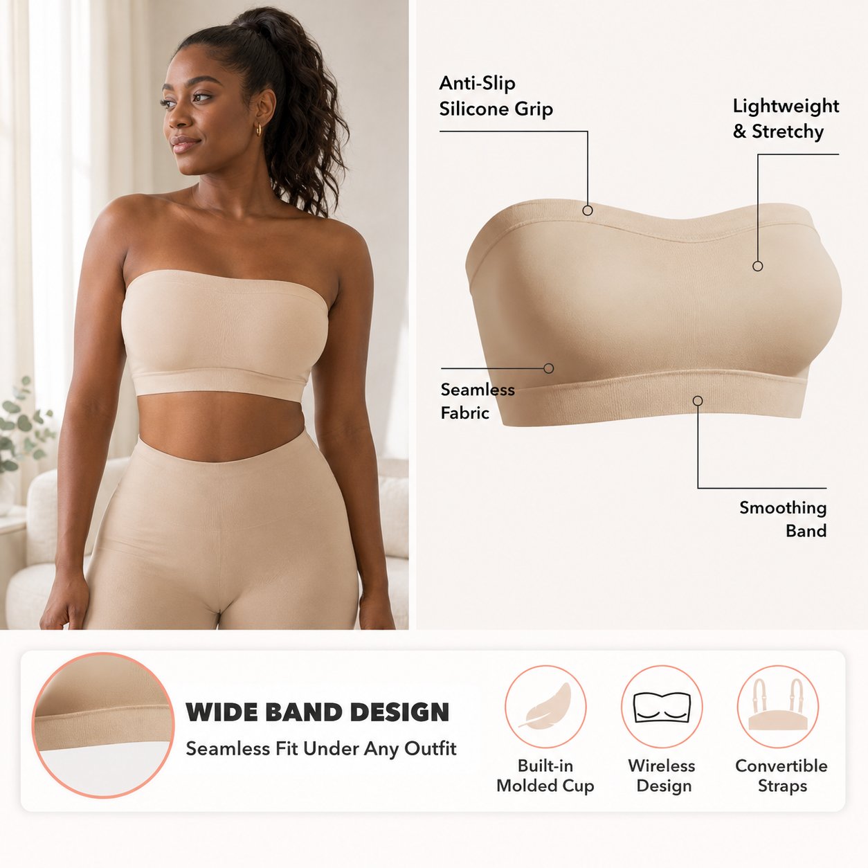 ✨ Convertible Strapless Bandeau Bra with Wireless Comfort, Anti-Slip Grip 👍💃Suitable for All Body Types