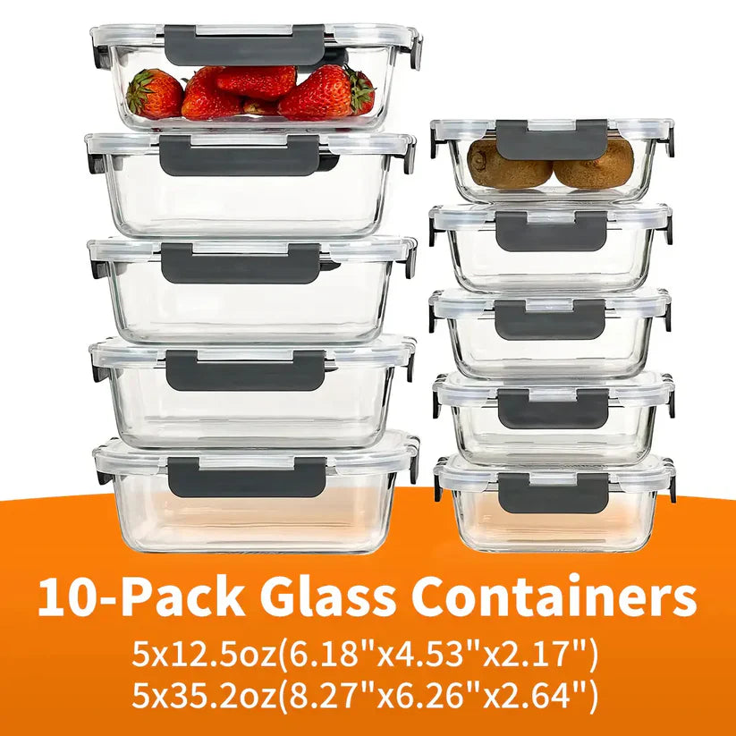 10 Pack BPA-Free GlassFood Storage ContainersLeak Proof Lids