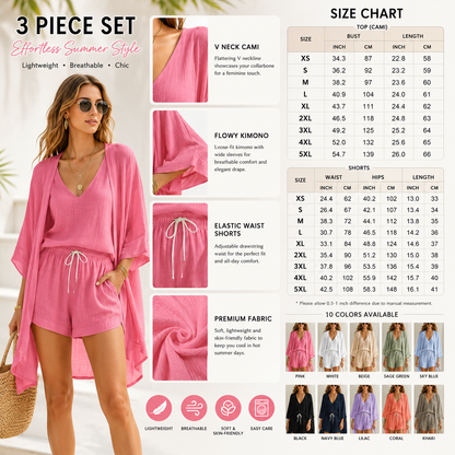 3 Piece Linen Matching Set Casual Loose Kimono Cardigan V Neck Tank Drawstring Shorts Women Beach Loungewear