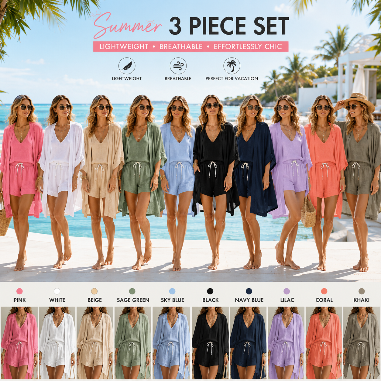 3 Piece Linen Matching Set Casual Loose Kimono Cardigan V Neck Tank Drawstring Shorts Women Beach Loungewear
