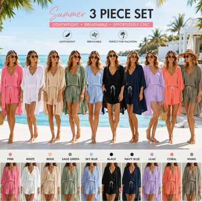 3 Piece Linen Matching Set Casual Loose Kimono Cardigan V Neck Tank Drawstring Shorts Women Beach Loungewear