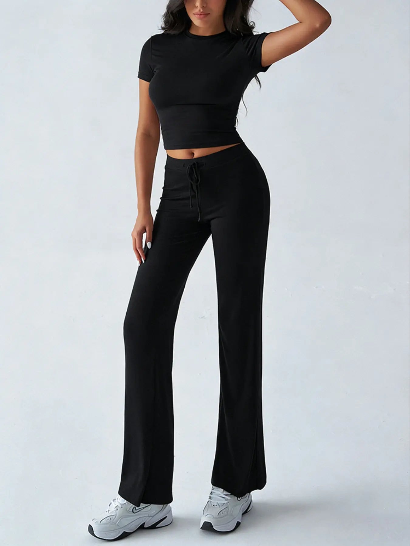 Women's Casual Two-Piece Set: Crop Tee & Drawstring Pants