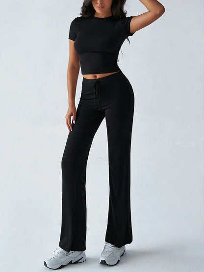 Women's Casual Two-Piece Set: Crop Tee & Drawstring Pants