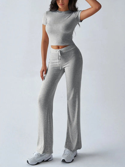 Women's Casual Two-Piece Set: Crop Tee & Drawstring Pants