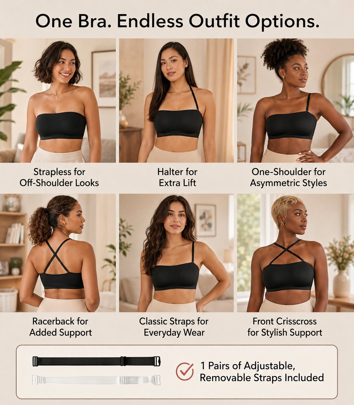 ✨ Convertible Strapless Bandeau Bra with Wireless Comfort, Anti-Slip Grip 👍💃Suitable for All Body Types