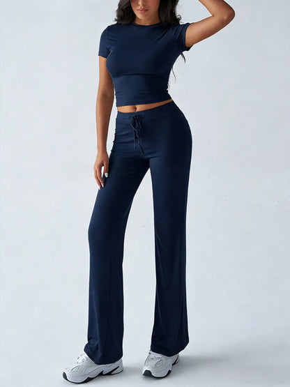Women's Casual Two-Piece Set: Crop Tee & Drawstring Pants