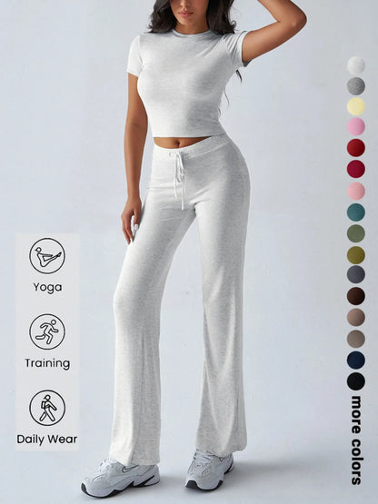 Women's Casual Two-Piece Set: Crop Tee & Drawstring Pants