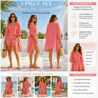 3 Piece Linen Matching Set Casual Loose Kimono Cardigan V Neck Tank Drawstring Shorts Women Beach Loungewear