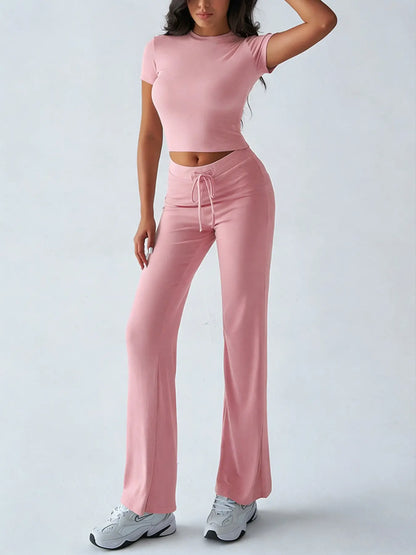 Women's Casual Two-Piece Set: Crop Tee & Drawstring Pants