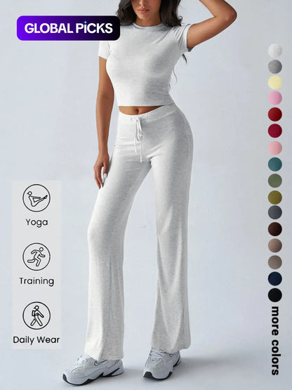 Women's Casual Two-Piece Set: Crop Tee & Drawstring Pants