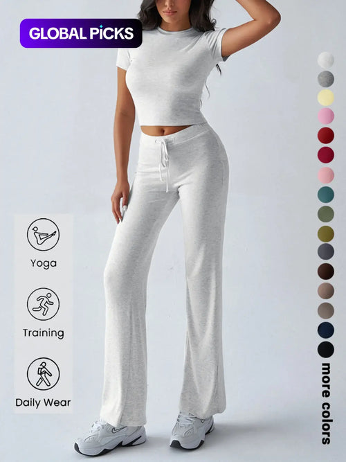 Women's Casual Two-Piece Set: Crop Tee & Drawstring Pants