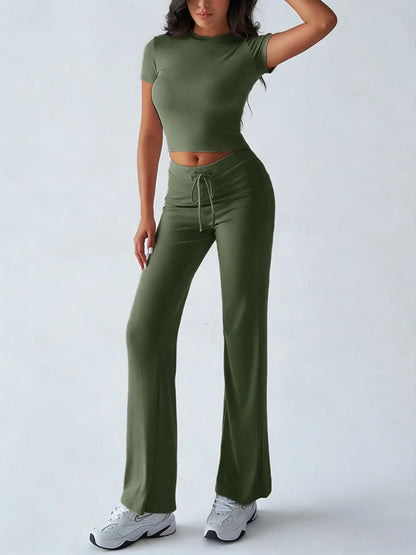 Women's Casual Two-Piece Set: Crop Tee & Drawstring Pants