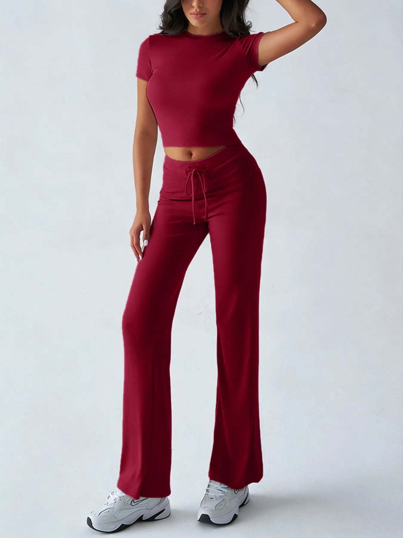 Women's Casual Two-Piece Set: Crop Tee & Drawstring Pants