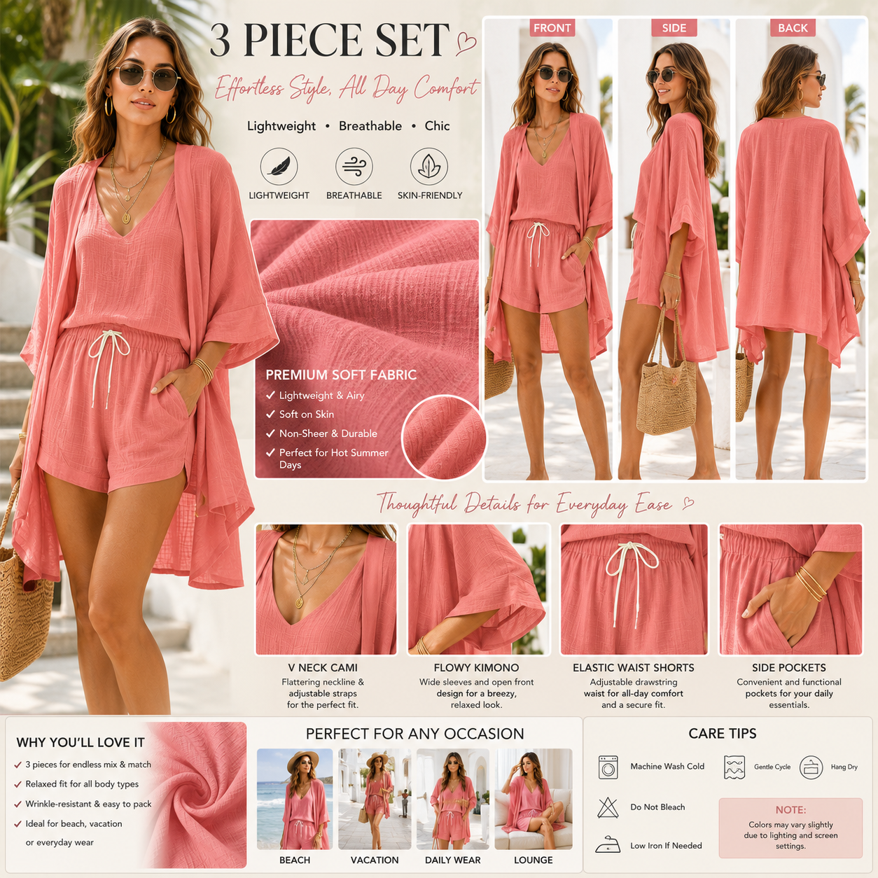 3 Piece Linen Matching Set Casual Loose Kimono Cardigan V Neck Tank Drawstring Shorts Women Beach Loungewear