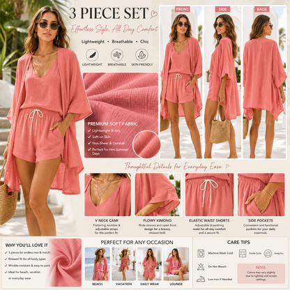 3 Piece Linen Matching Set Casual Loose Kimono Cardigan V Neck Tank Drawstring Shorts Women Beach Loungewear