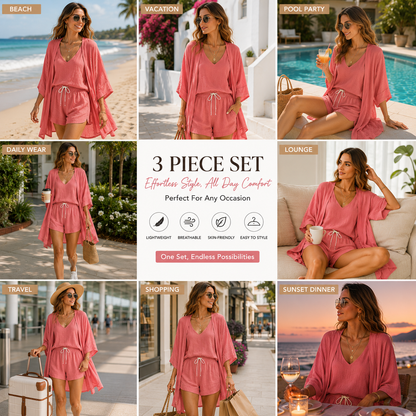 3 Piece Linen Matching Set Casual Loose Kimono Cardigan V Neck Tank Drawstring Shorts Women Beach Loungewear